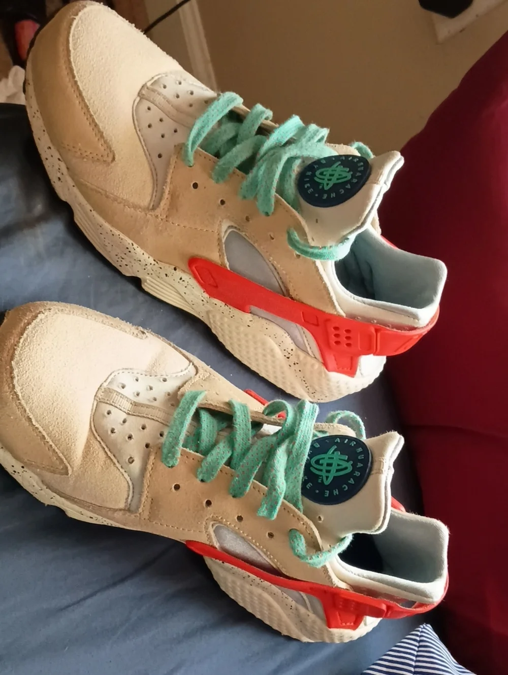 Nike Women's Cream Suede Sneakers with Teal Laces and Red Accents